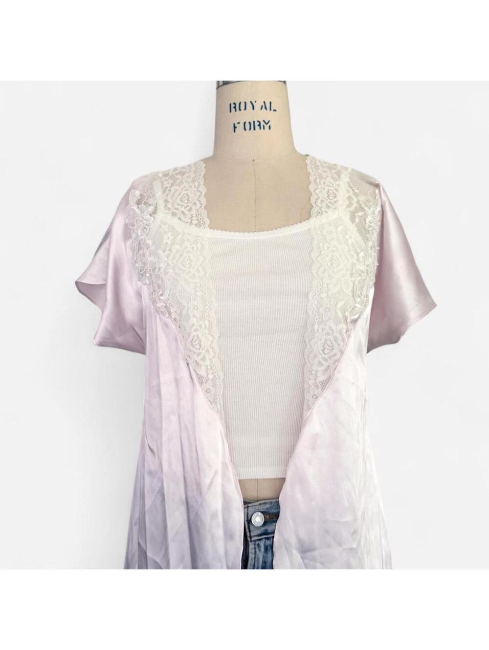 Linea Donatella 90s Blush Satin Lace Short Sleeve Robe Bed Jacket Coquette